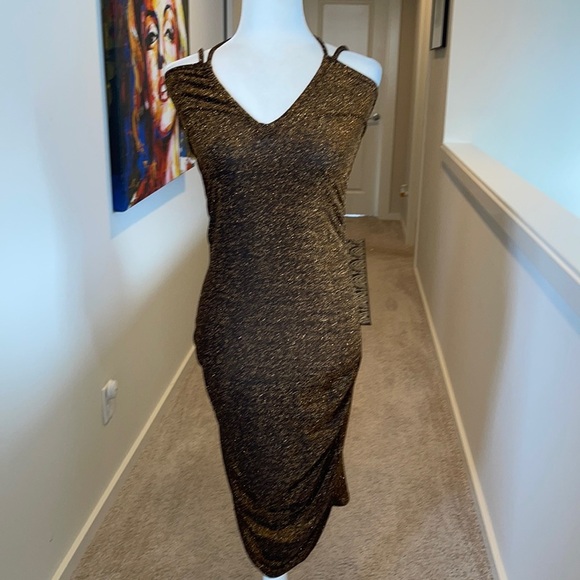 Zara body con sparkle gold glitter side ruffle dress - Picture 1 of 12